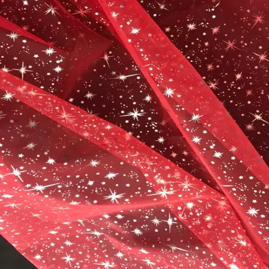 1 Yard Red Silver Stars Organza Fabric For Costumes Crafts Decor Accessories 58/60&Prime; Wide {3}