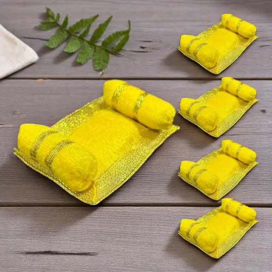 4x Mini Laddu Gopal Velvet Asan Takiya Pillow Set for Lord Ganesha, Krishna, Kanha Ji, Bal Gopal God Goddess Idol Soft Mattress Cushion/gadda Bed Cum Aasan Set (3x2.25 Inch) Yellow {5}