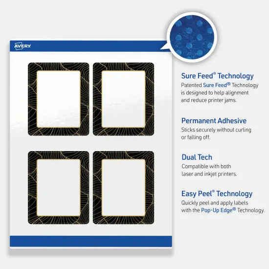 Avery Printable Rectangle Labels with Sure Feed Technology, Pre-Printed Black Border with Gold Pattern, Glossy White, 4" x 3-1/3", Laser & Inkjet Compatible, 40 Total {3}