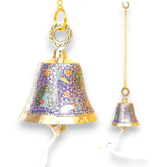 Antique Brass Hanging Bells with Chain for Temple Pooja Room Mandir Decor Peacock Print Small Hanging Bell - 4.75x4 inch Puja Ghanti for Housewarming Gift (Chain Length With Hook 12 Inches) Blue {7}
