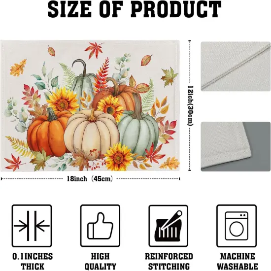 Set of 4 Watercolor Pumpkins with Maple Leaves Placemats - 12 x 18 Inch {2}