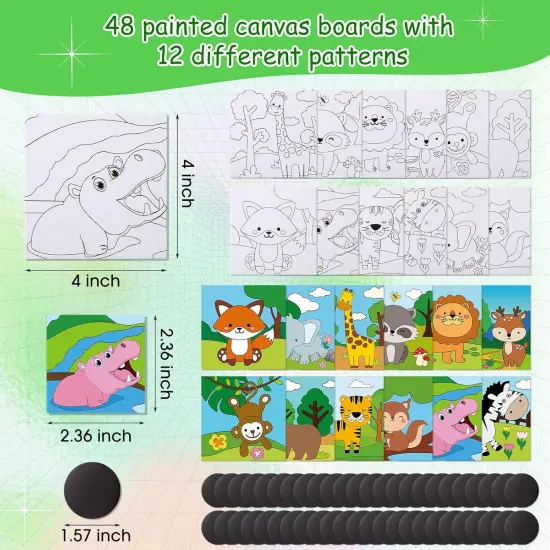 48 Pcs Pre Printed Canvas 4 x 4 Inch Kids Painting Canvas Panels Mini Pre Drawn Animal Canvas with 48 Pcs Bulk Magnets for Kids Student {2}