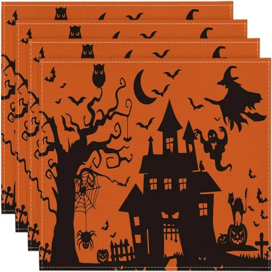 Orange Spooky Haunted House Witch Halloween Placemats Set of 4(Orange) {1}