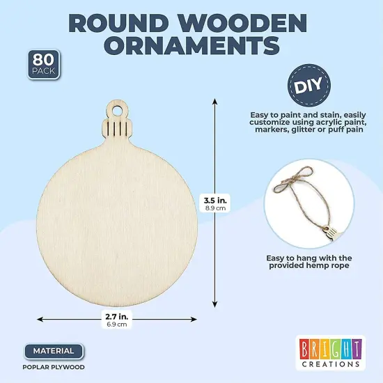 Bright Creations 80 Pack Unfinished Wood Circle Christmas Tree Ornaments for Crafts, Festive Wooden Round Decorative Hanging Ornaments for the Xmas Holidays (2.7 x 3.5 x 0.1 inch) Brown {2}