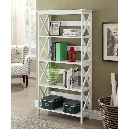 Modern 5-Tier Bookcase with Large Shelves and Glossy Finish Ideal for Office or Living Room White {3}