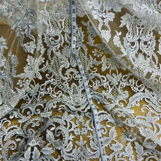 1 Yard Beaded Corded Bridal Lace Fabric on 100% Polyester Net Mesh, 53" Wide, Elegant Embroidered Design Silver {1}