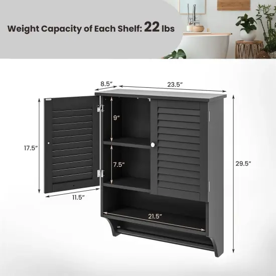 Wall-Mounted Bathroom Medicine Cabinet with Louver Doors and Towel Bar Black {2}