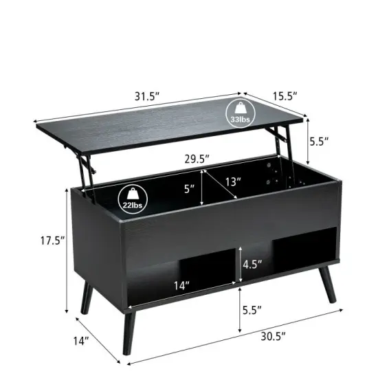 Mid-Century Lift-Top Coffee Table Sofa Laptop Desk in Wood Finish Black {2}