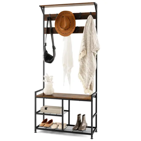 Costway 3-in-1 Coat Rack Industrial Hall Tree Shoe Bench Entryway Storage Shelf with Hooks {1}