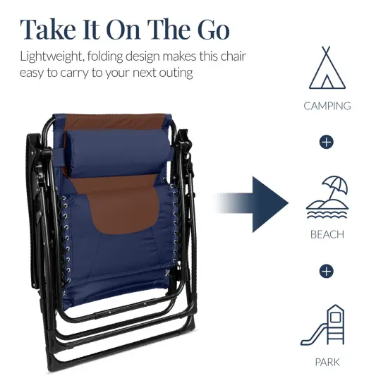 Best Choice Products Oversized Padded Zero Gravity Chair, Folding Outdoor Patio Recliner w/ Side Tray Navy/Brown {5}