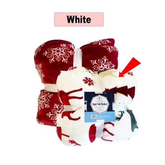 50x60" Sherpa Winter Throw Blanket Red Snowflake & White Deer Design, Ultra-Soft Flannel {1}