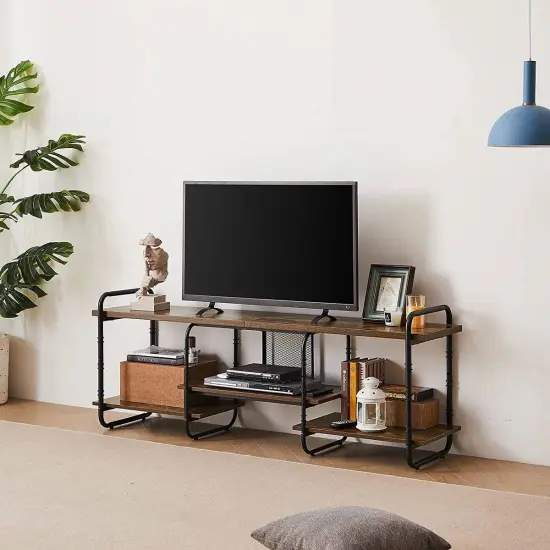 Wood Metal TV Stand with Open Shelves for TVs up to 60 Inches Brown {2}