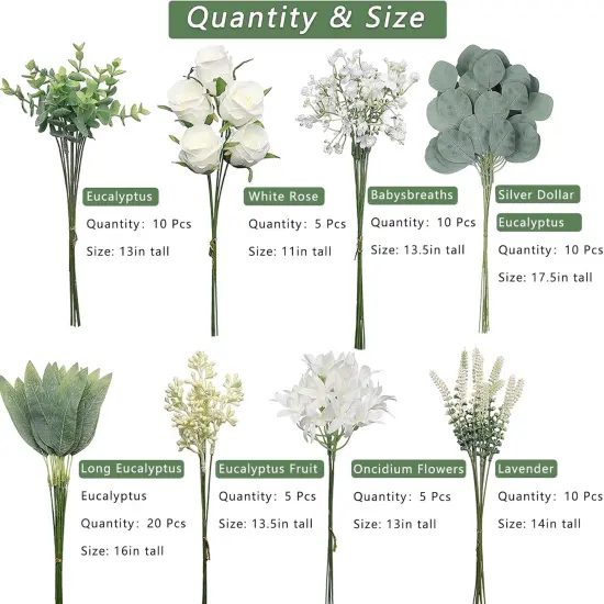 Artificial Greenery Stems Box Set(Pack of 75pcs) with 8 Kinds of Faux Plants and Fake Flowers for DIY Wedding Bouquet Table Centerpieces and Floral Arrangement (White&Green) {3}