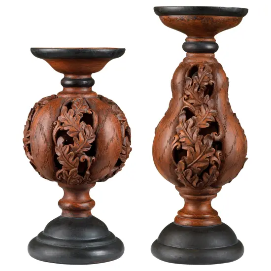 Melrose Carved Leaf Fall Harvest Pumpkin and Squash Pillar Candle Holders - 10" - Set of 2 Brown {3}