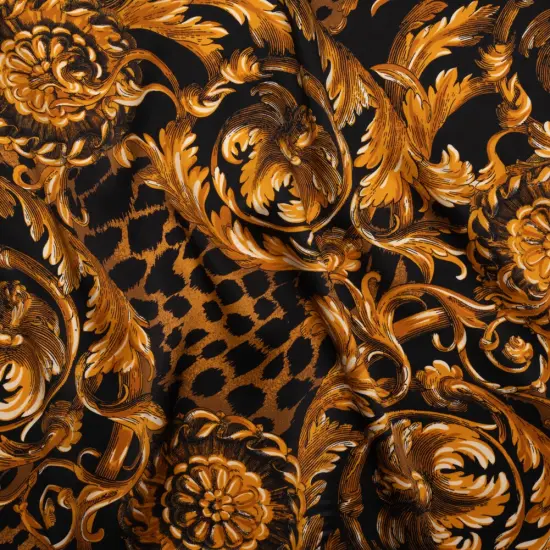 1 Yard Black Gold Floral Ornaments Animal Spots Italian Silk Charmeuse 53 inch {1}
