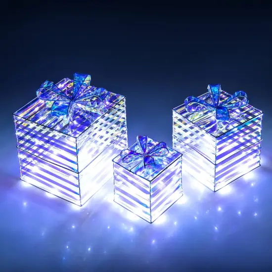 Costway 3 PCS Christmas Lighted Gift Boxes Pre-lit 90 LED Light Up Present Box Decorations {2}