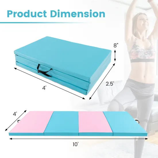 4-Panel PU Leather Folding Exercise Mat with Carrying Handles and Hook and Loop Fasteners Pink & Blue {5}
