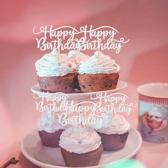 24 Pack Happy Birthday Cupcake Toppers Glitter Birthday Cupcake Food Picks for Celebrating Happy Birthday Party Cake Decorations Supplies Silver {4}