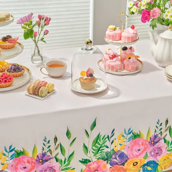 3 Pack Plastic Floral Tablecloth for Wedding, Birthday Party Decorations, Disposable Tablecloths for Rectangle Tables, Tea Party Supplies, Baby Shower, 54 x 108 Inches White {2}