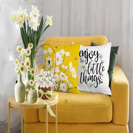 Spring Summer Pillow Covers 18x18 Set of 4, Farmhouse Spring Summer Decor Daisy Floral Yellow Throw Pillow Covers for Couch Sofa Indoor Outdoor Yellow Sunflower Decorations {3}