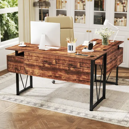Rustic Brown L-shaped Computer Desk with Power Outlets and 3 Storage Drawers {3}
