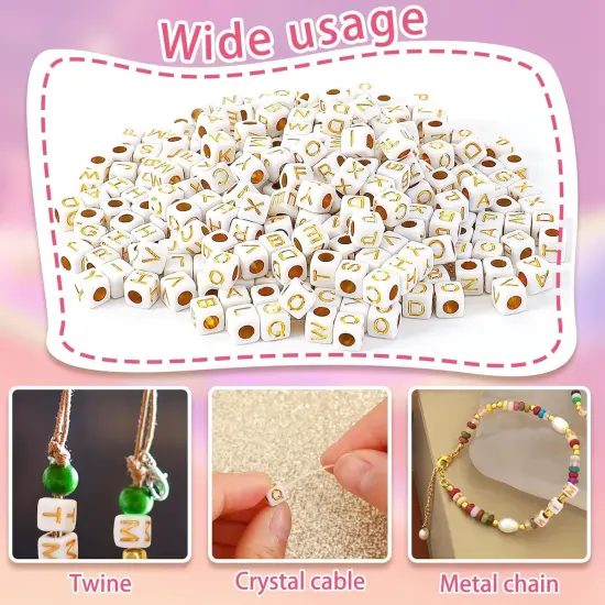 1400pcs Square Acrylic Gold Alphabet Beads A-Z Cube Letters Beads for Bracelets Necklaces Phone Lanyard Making with 1 Roll Crystal String Cord for Jewelry Making(6 m {3}