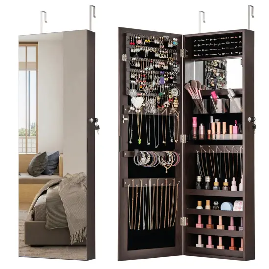 43.5 Inch Jewelry Mirror Cabinet with Full-length Mirror and Adjustable Hangers Dark Brown {4}