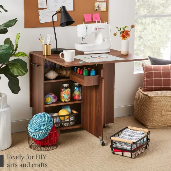 Best Choice Products Multipurpose Folding Table w/ Wheels, 3 Storage Shelves, Cubby, Handle Brown {3}