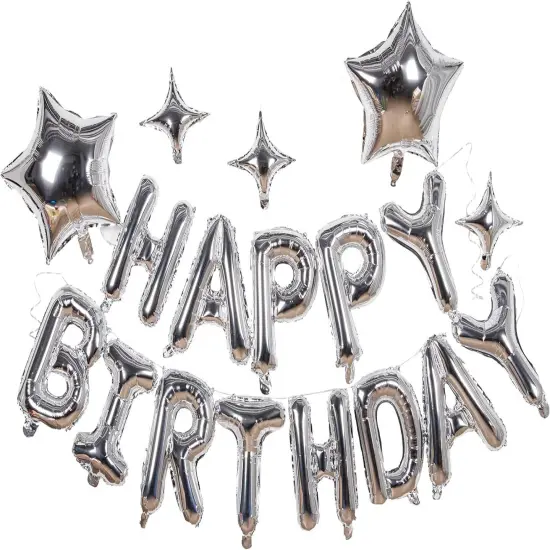 23pcs Birthday Balloons Banner, 3D Silver Premium Mylar Foil Ecofriendly Letter Happy Birthday Banner with 5pcs Star Balloons Kits for Kids Boys Men Adults Birthday Party Decorations {1}