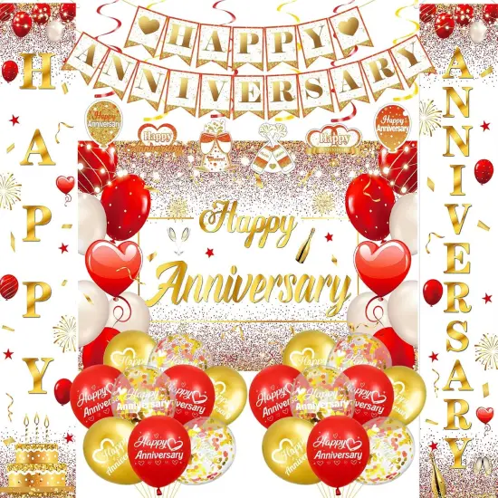 Red Gold Happy Anniversary Banner Balloons {1}