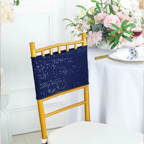 10 Pieces Elegant Navy Blue Sequin Stretch Spandex Chair Bands 7 x 13 Inches {2}