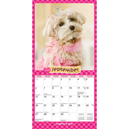 Puppies in Pink | 2026 7 x 14 Inch (Hanging) Monthly Mini Wall Calendar {4}