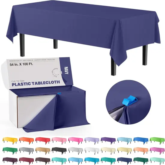 Exquisite Party Solids 54" x 100' Plastic Table Cover Roll with Slide Cutter &ndash; Cut-to-Size Dispenser Box &ndash; Makes Up to 36 Disposable 8' Rectangle Tablecloths Navy {1}