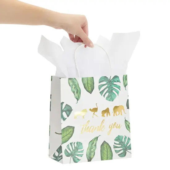 12 Pack Safari Thank You Bags with Tissue Paper, Wild One 1st Birthday Themed Decorations for Girls and Boys (8 x 9 x 4 In) {4}