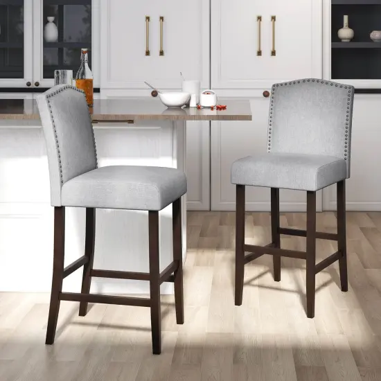 Costway Set of 2 Bar Stools 30" Upholstered Kitchen Breakfast Nailhead Bar Chairs Gray {2}