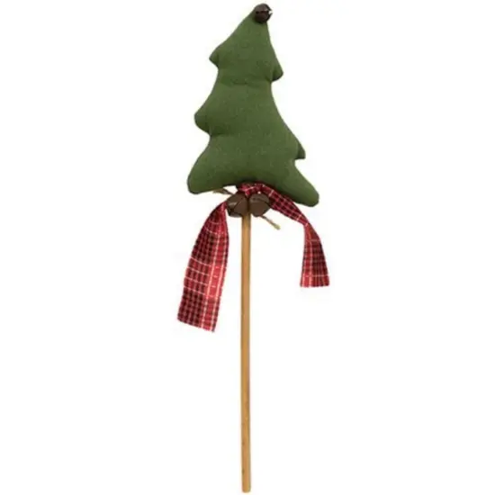 Fabric Christmas Tree Pick with Jingle Bells and Red Plaid Bow 14 Inch {1}