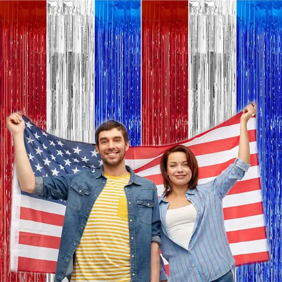 2 Pack 3.2ft x 9.8ft July 4th Patriotic American Flag Metallic Foil Fringe Curtain, Blue Red Silver Party Photo Booth Props Backdrop for Independence Day Decorations (Curtain-BlueRedSilver) {5}