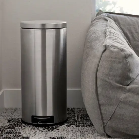 Silver Stainless Steel Round Trash Can with Step Lid and Removable Liner {2}