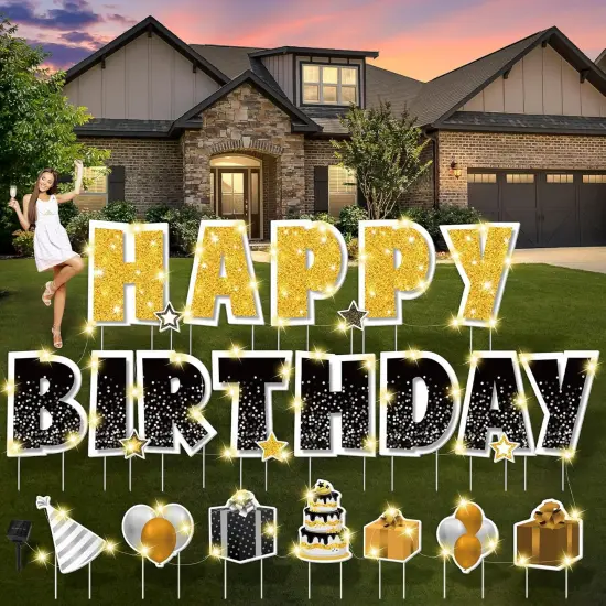 25 Pcs Extra Large 19.7 Inch Happy Birthday Yard Signs with Solar LED Light Black and Gold Birthday Lawn Signs with Metal Stakes Waterproof Outdoor Decorations for Garden Party {1}