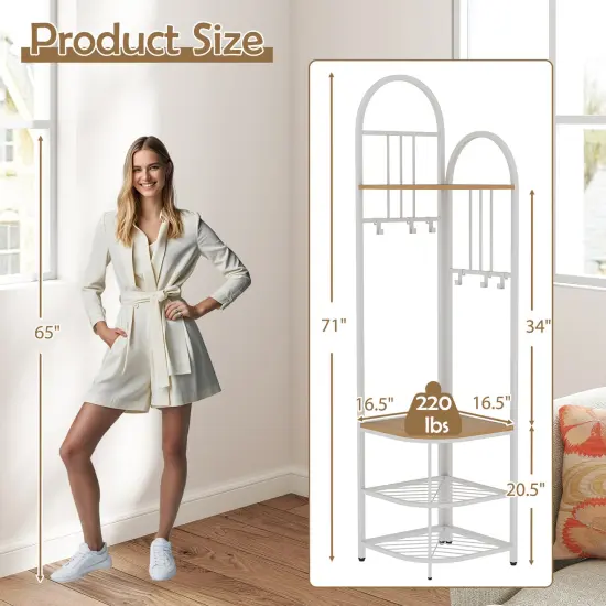 4-Tier Coat Rack Corner Tree with Shoe Bench and Hooks Natural {5}