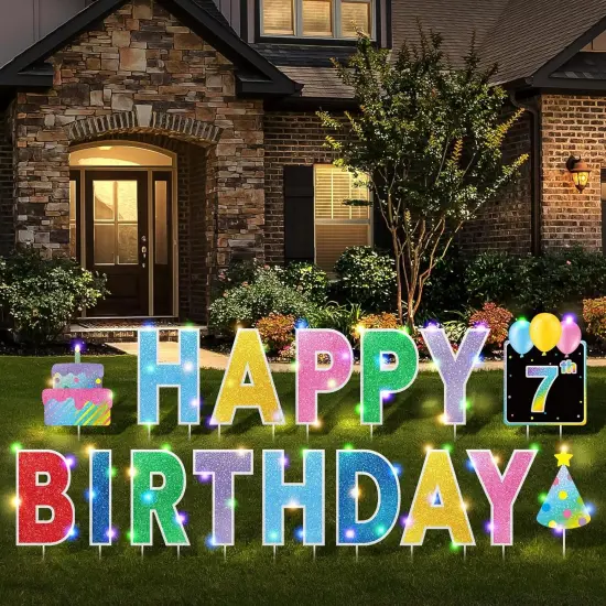 16 Pcs Happy Birthday Yard Signs with Stakes, 32.8 ft LED Lights, 42 Pcs Number Stickers, 13.4 Inch Letters Signs for Birthday Party Supplies Yard Lawn Outdoor Decoration(Colorful) {5}