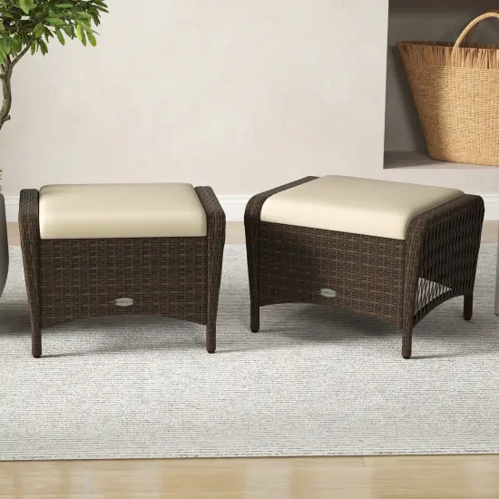 Set of 2 Outdoor PE Wicker Ottomans with Removable Cushions and Metal Frame Beige {1}