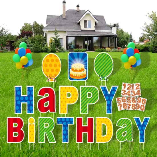 Happy Birthday Yard Sign with Stakes, Personalized Age Plastic Signs with 20 Number Stickers, Bright & Colorful Letters, Weatherproof, Perfect Outdoor Lawn Birthday Decorations {1}