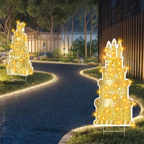 Happy Birthday Yard Sign with Stakes for Birthday Decor LED Lights White Gold Birthday Lawn Sign 27.6" Large Personalized Signs with Number Letter Stickers for Celebrations Birthday Party Decoration {3}