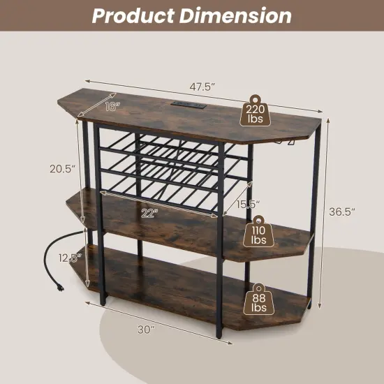 Wine Rack with Charging Station, 21-Bottle Capacity, 8 Glass Holders, and 3 Shelves Brown {5}