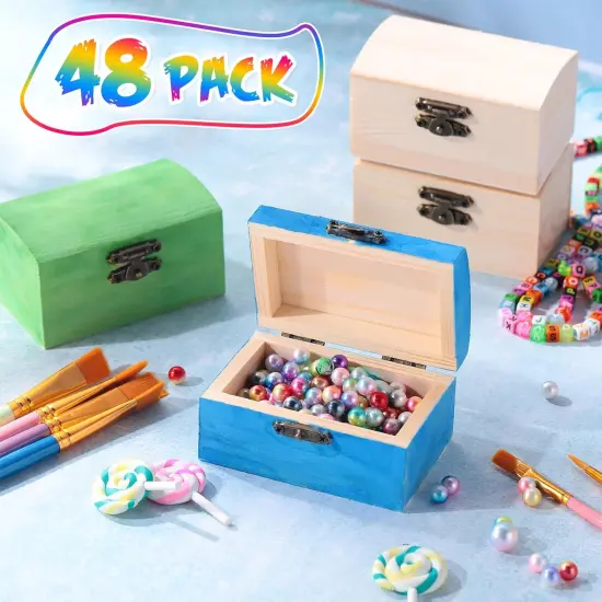 48 Pcs Unfinished Wooden Craft Boxes with 40 Paintbrushes Small Wooden Boxes Treasure Chest with Lid and Clasp Wood Storage Box for DIY Baby Shower Pirate Decor {3}