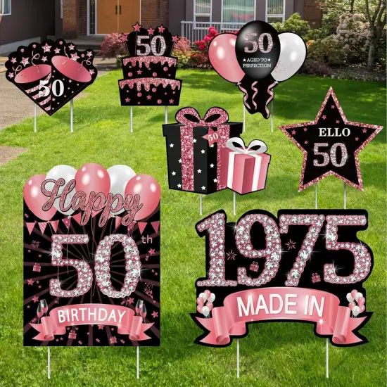 7Pcs Rose Gold 50th Birthday Yard Sign Decorations for Women,Happy 50th Birthday Made in 1975 Lawn Sign Party Supplies,Fifty Year Old Birthday Outdoor Yard Decor with Stakes {1}