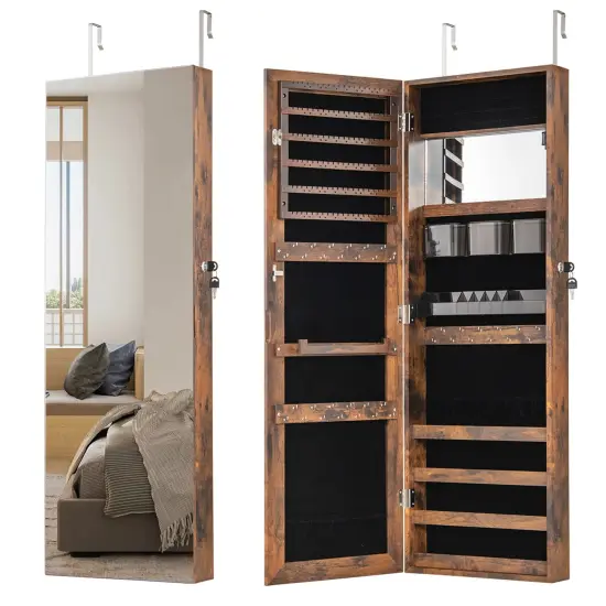 43.5 Inch Jewelry Mirror Cabinet with Full-length Mirror and Adjustable Hangers Rustic Brown {1}