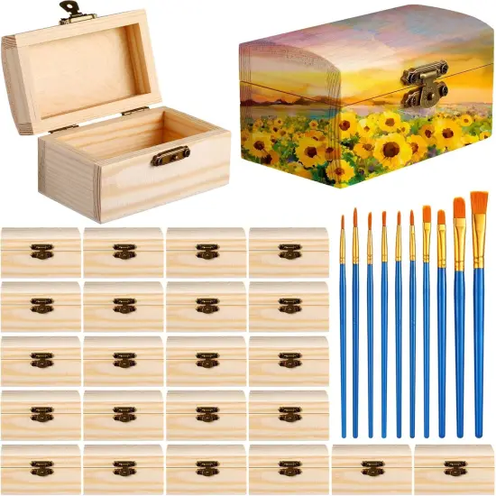 Unfinished Wood Treasure Chest with 10 Paintbrushes, Small Treasure Craft Boxes with Locking Clasp Wooden Storage Box {1}