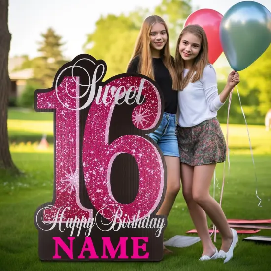 35 Inch Sweet 16 Birthday Large Yard Signs Personalized Name 16th Birthday Lawn Sign Glitter Waterproof Congrats Sign with Stakes for Happy Sweet 16 Party Outdoor {1}